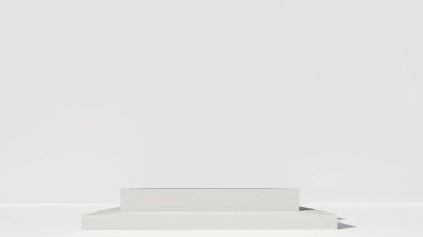 3D podyum beton arka plan ürünleri 3D görüntüleme. Yeşil çimenler, yaprak, taş ve ahşap zemin podyum şeklindeki kare sahneler. stand show kozmetik ürünü. Temelde sahne gösterisi.