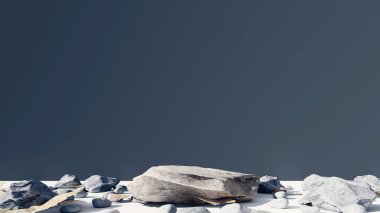 3D Stone Podyum arka plan ürünleri 3D modelleme sergiler. Beyaz zemin, yaprak, kaya ve lacivert arka plan podyumu doğası. stand show kozmetik ürünü. Temelde sahne gösterisi.