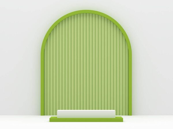 изделия на подиуме геометрии отображают минимальный макет 3D рендеринга. передний вид белая комната, изумрудно-зеленая арка фон подиума геометрической формы. стенд показать косметический продукт. Экспозиция на пьедестале.