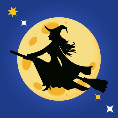 Cadılar Bayramı cadı silueti gece arkaplanda ay ve yıldız vektör illüstrasyonu ile