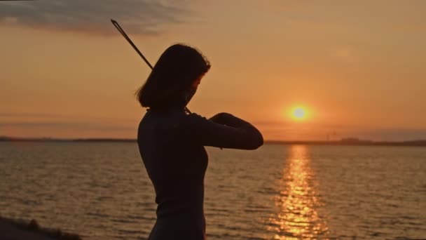 女バイオリニストが黄金の太陽の下で遊んでいる — ストック動画