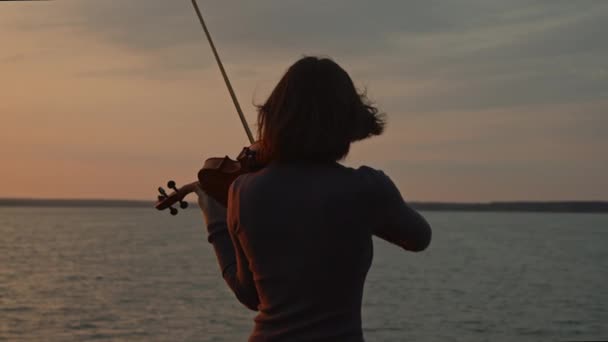 Mujer está tocando el violín en la orilla del lago — Vídeo de stock