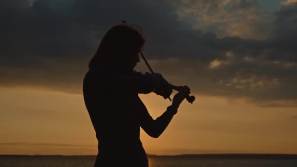 Silhouette of fiatal hölgy hegedül — Stock videók
