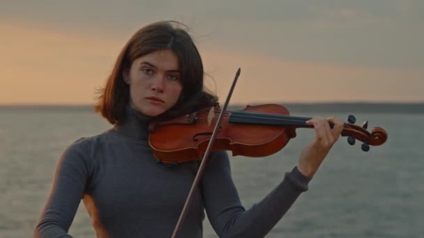 Vrouw speelt viool kijkend naar camera — Stockvideo
