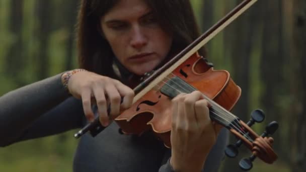 Talentvolle muzikant speelt viool in het bos — Stockvideo