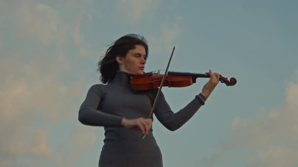 Retrato del músico tocando el violín en el fondo del cielo — Vídeo de stock