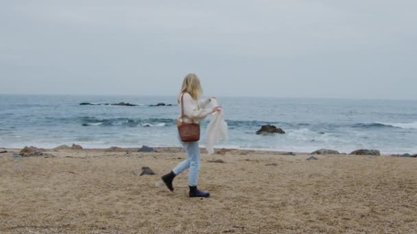 Femme écarte la couverture sur la plage — Video