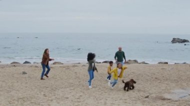 Genç Aile dışarıda köpekle oynuyor.