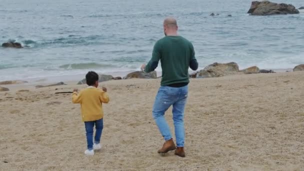 Far har roligt med sonen på stranden — Stockvideo