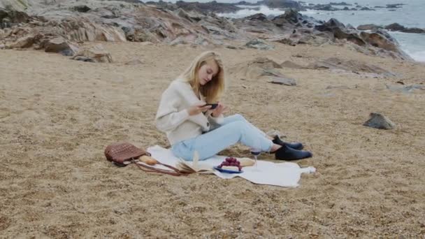 Блогер-женщина фотографирует пикник — стоковое видео