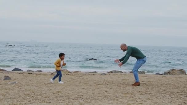 Папа играет с сыном на пляже — стоковое видео