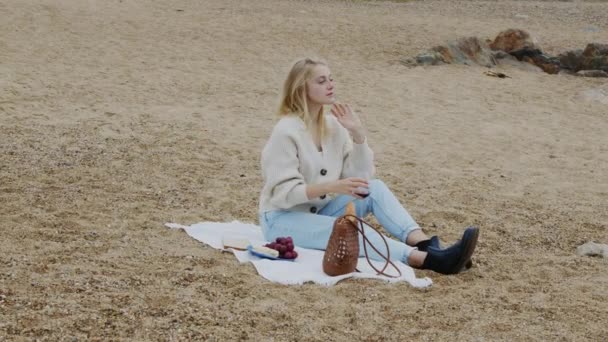 Γυναίκα απολαμβάνει πικνίκ στην παραλία — Αρχείο Βίντεο
