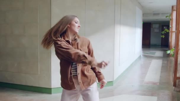 Cheerful Woman Is Dancing In Hallway — Stock Video