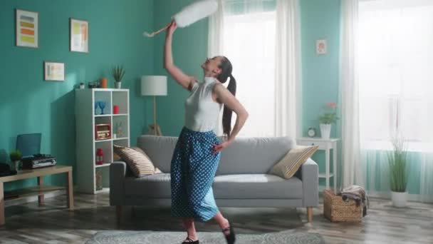 Young Woman Is Dancing with Cleaning Brush and Singing — Stock Video