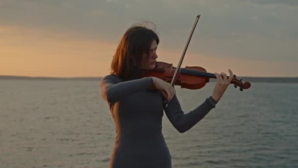 Vrouw soliste speelt viool in de buurt van de rivier — Stockvideo
