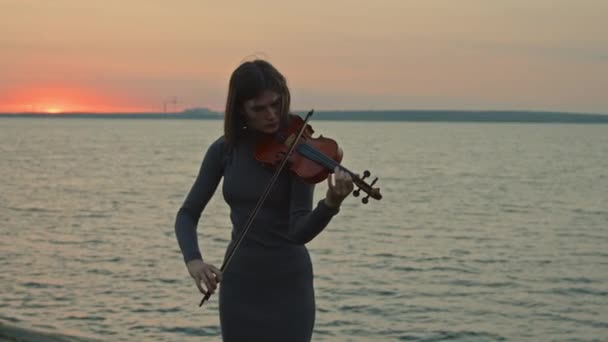 Žena muzikant hraje na housle dovedně — Stock video