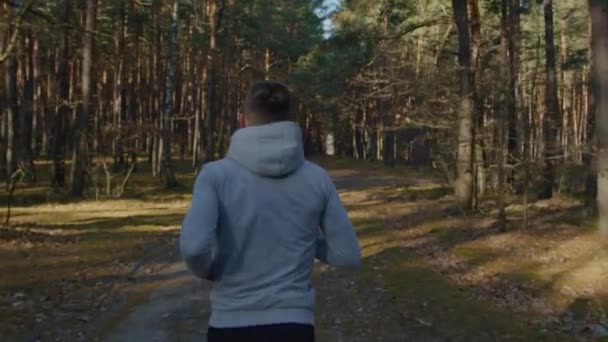 Молодой человек бегает в лесу — стоковое видео