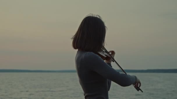 Violinista sta giocando sulla riva del fiume — Video Stock
