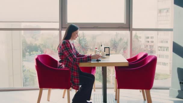 카페 에서 온라인으로 전화를 걸고 있는 여성 프리랜서 — 비디오