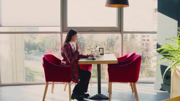 Mujer tiene videollamada en el café — Vídeo de stock