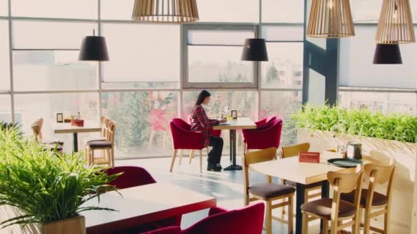 Lady Freelancer werkt in een chique café — Stockvideo