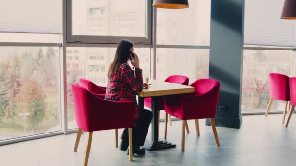 Zakelijke vrouw praat mobiele telefoon in Cafe — Stockvideo