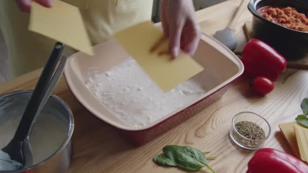 Donna sta mettendo lasagne tagliatelle in forno — Video Stock