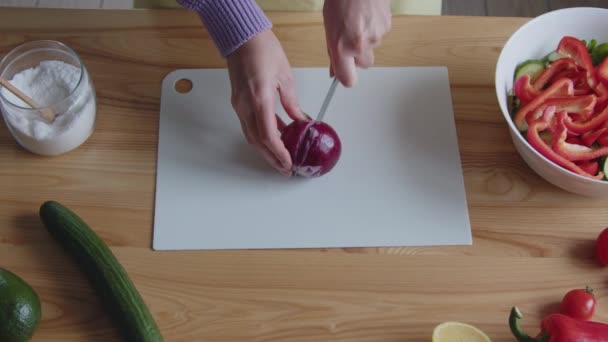 Mujer Está Cocinando Bocadillos Saludables Rebanando Cebolla Roja Haciendo Ensalada — Vídeos de Stock