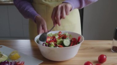 Kadın evde kalıyor, atıştırmak için taze salata pişiriyor, beyaz kasedeki tüm malzemeleri karıştırıyor, organik yiyecekleri tercih ediyor..