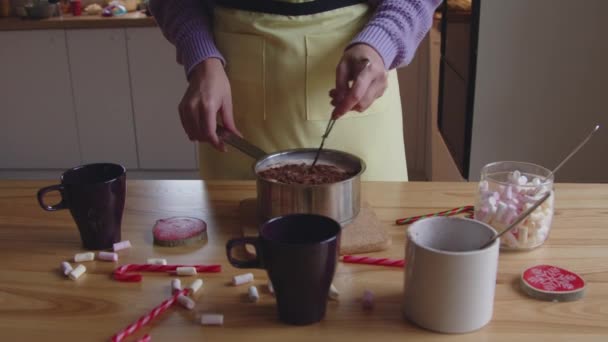 Γυναίκα Μαγειρεύει Ζεστή Σοκολάτα Στο Σπίτι Ανάμειξη Κακάο Σκόνη Ζεστό — Αρχείο Βίντεο