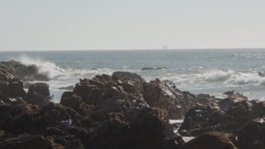 Portekiz 'deki güzel, vahşi okyanus kıyıları, taşların üzerinde martılar, Atlantik Okyanusu manzarası, doğal güzellik, yavaş çekim..