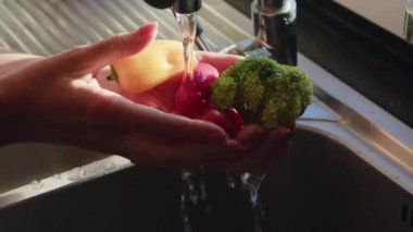 Güzel bir fırt taze sebze, tatlı biber, kiraz domates ve brokoli, sağlıklı beslenme, yaklaşın, yavaş çekim..