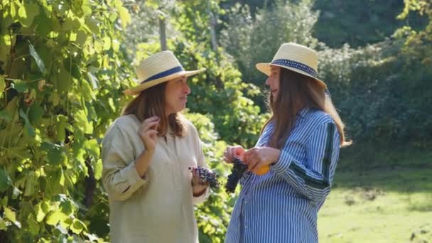 Twee Jonge Europese Vrouwen Met Strohoeden Vrienden Lachen Samen Eten — Stockvideo