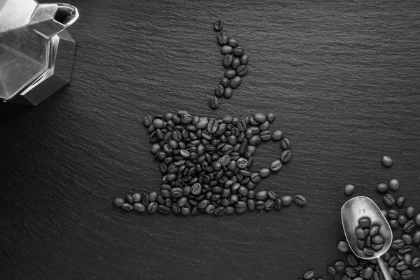 Composition Coffee Beans Moka Coffee Maker Black Stone Background Flatlay — Stock Photo, Image
