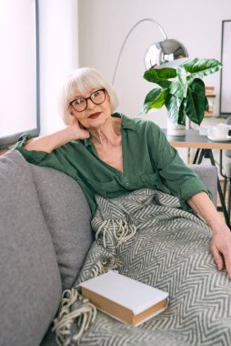 Kanepede oturmuş evde kitap okuyan neşeli, son sınıf öğrencisi bir kadın. Eğitim, olgun, boş zaman kavramı