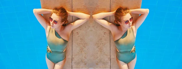 Mooie Vrouw Aan Het Chillen Bij Het Zwembad Zomer Recreatie — Stockfoto