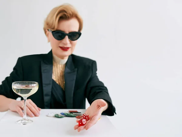 Mature Stylish Woman Black Tuxedo Sunglasses Dices Casino Gambling Fashion — Stock Photo, Image