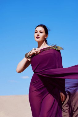 Çölde mor kumaşlı Tavuskuşu tüyü olan inanılmaz güzel esmer kadın. Doğulu, Hintli, moda, tarz kavramı