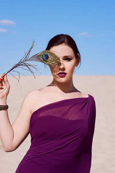 Mulher Morena Bonita Incrível Com Pena Peacock Tecido Roxo Deserto — Fotografia de Stock