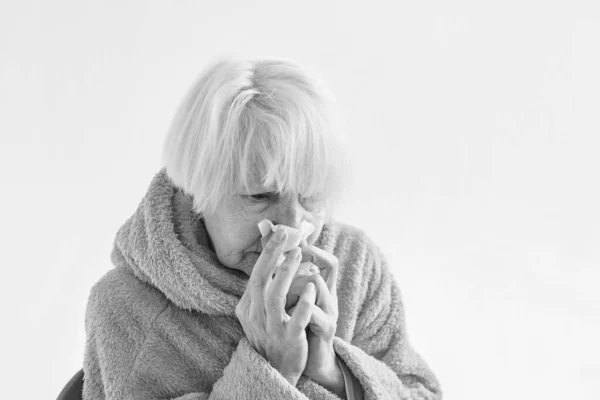 Monochrome Portrait Senior Ill Woman Freezing Cold Home Health Care — Stock Photo, Image