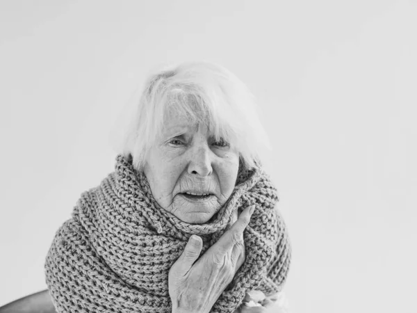 Monochrome Portrait Senior Woman Scarf Freezing Cold Home Health Care — Stock Photo, Image