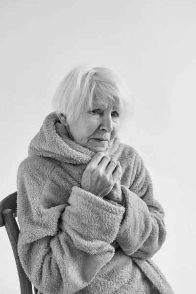 Monochrome Portrait Senior Ill Woman Freezing Cold Home Health Care — Stock Photo, Image