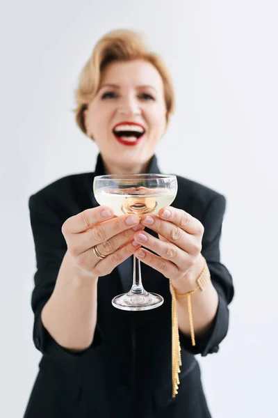 Mature Stylish Elegant Woman Tuxedo Glass Sparkling Wine Party Celebration — Stockfoto