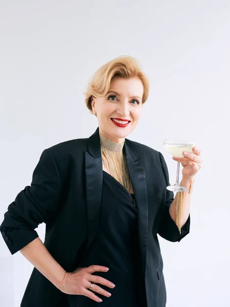 Mature Stylish Elegant Woman Tuxedo Glass Sparkling Wine Party Celebration — Foto Stock