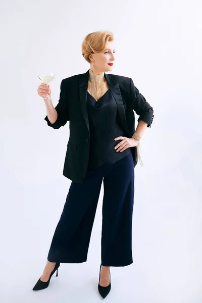 Mature Stylish Elegant Woman Tuxedo Glass Sparkling Wine Party Celebration — Stock Photo, Image