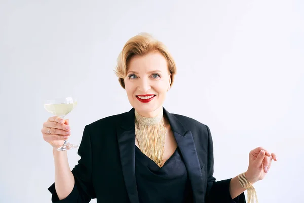 Mature Stylish Elegant Woman Tuxedo Glass Sparkling Wine Party Celebration — Foto Stock