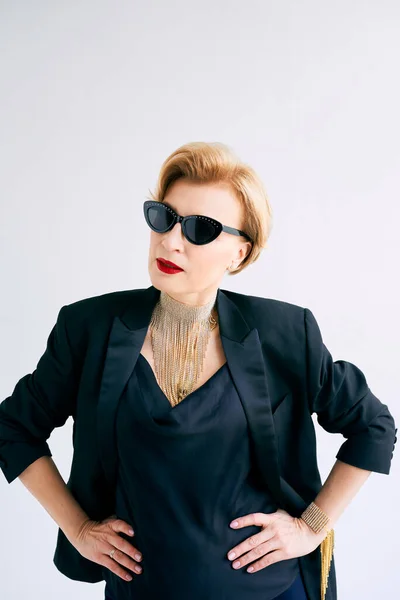 Fashionable Mature Woman Tuxedo Sunglasses Make Fashion Aging Concept — Stock Photo, Image