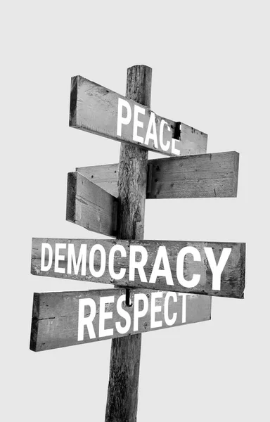 Деревянные Дорожные Знаки Словами Мир Демократия Уважение — стоковое фото