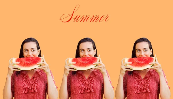 Pattern Cheerful Woman Holding Piece Sliced Watermelon Colorful Background Summer — Stock Photo, Image