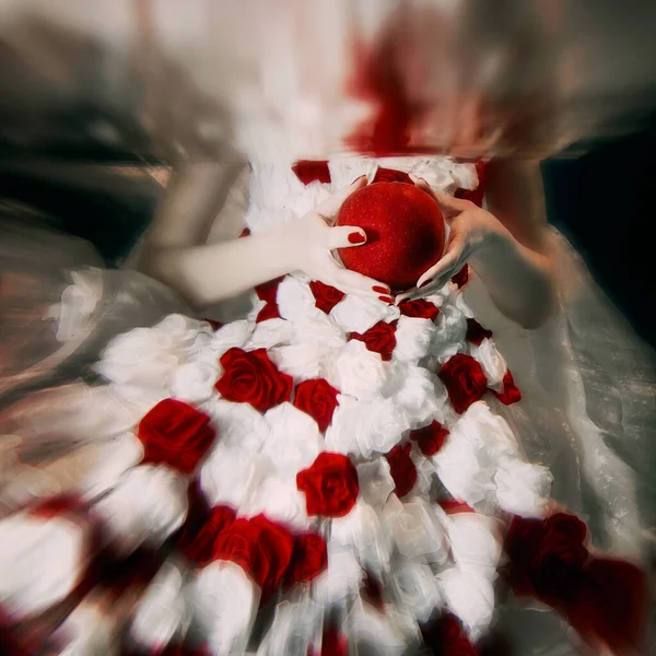 Woman in dress made of white and red roses underwater. Fairy tale, art, fashion concept